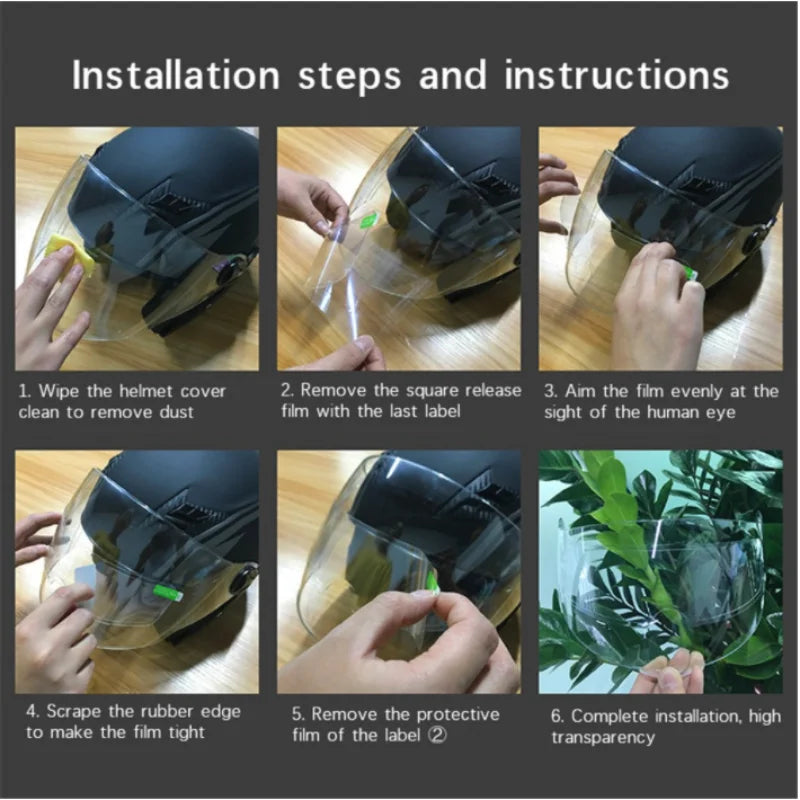 Pasos de instalación para aplicar película antiempañante en casco de motocicleta.