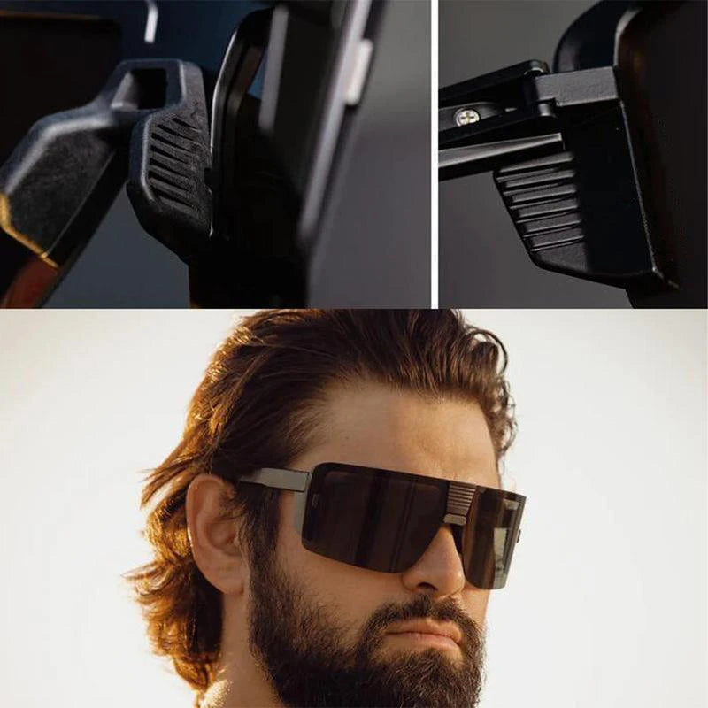Gros plan de lunettes de sport noires pour le cyclisme en train d'être ajustées sur le visage d'un homme.