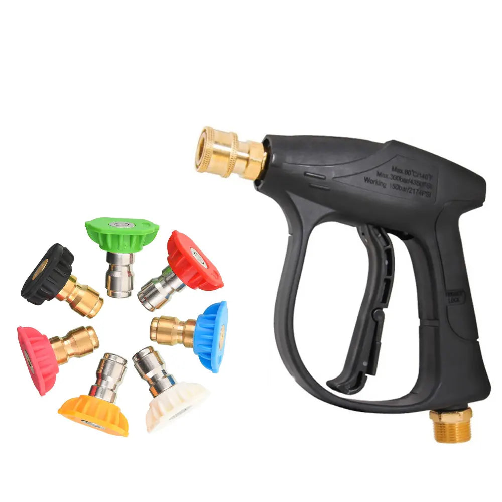 A black high-pressure manual car washing water gun with various nozzles and fittings.