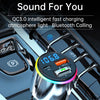 A close-up of a QC3.0 intelligent fast charging atmosphere light Bluetooth calling device mounted on a car stereo.
