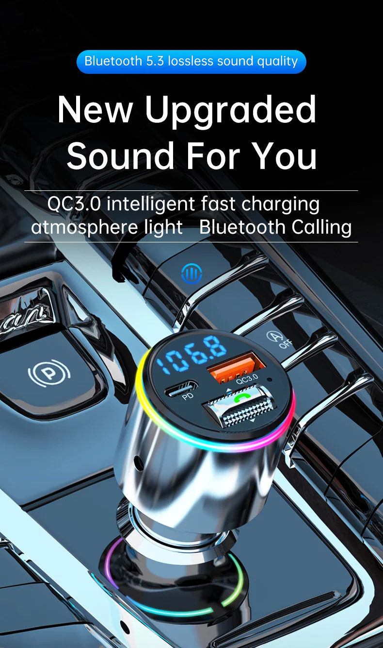 A close-up of a QC3.0 intelligent fast charging atmosphere light Bluetooth calling device mounted on a car stereo.