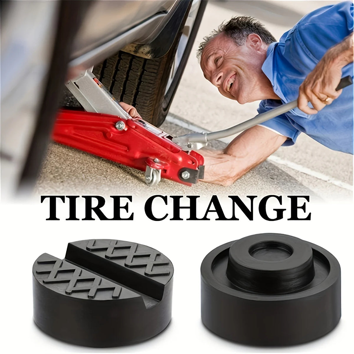 A red tire changing jack is shown next to a black rubber pad for frame rail protection.