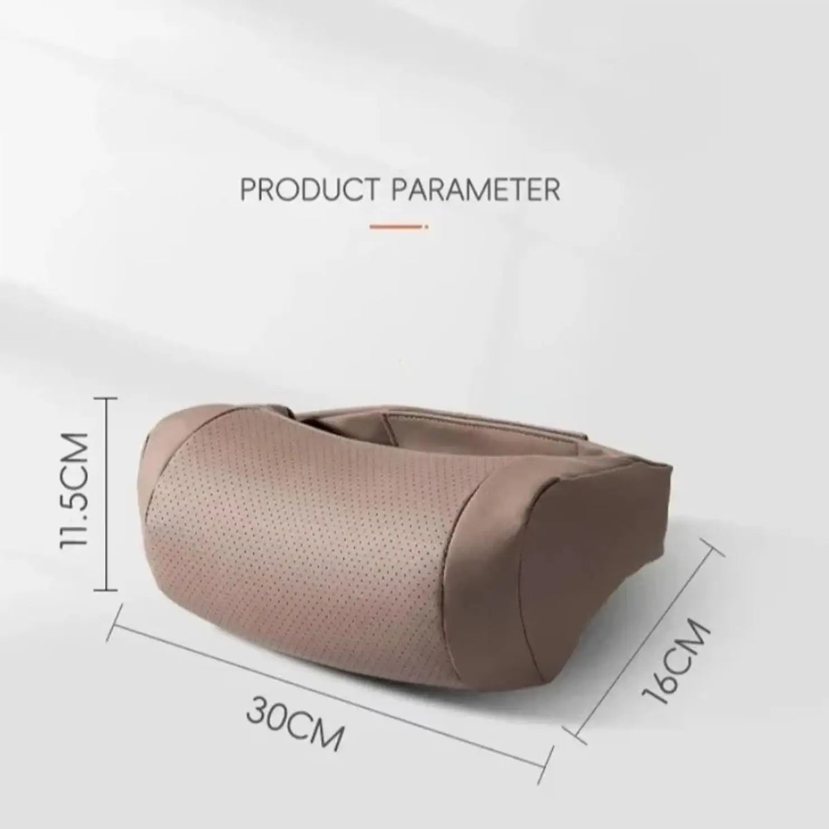Beige ergonomisches Auto-Nackenkissen, seitlich gezeigt mit Maßenangaben.