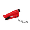 Red emergency car escape tool with a window breaker and seatbelt cutter attached to a chain.