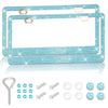 A set of sparkling light blue crystal rhinestone license plate frames and mounting hardware.