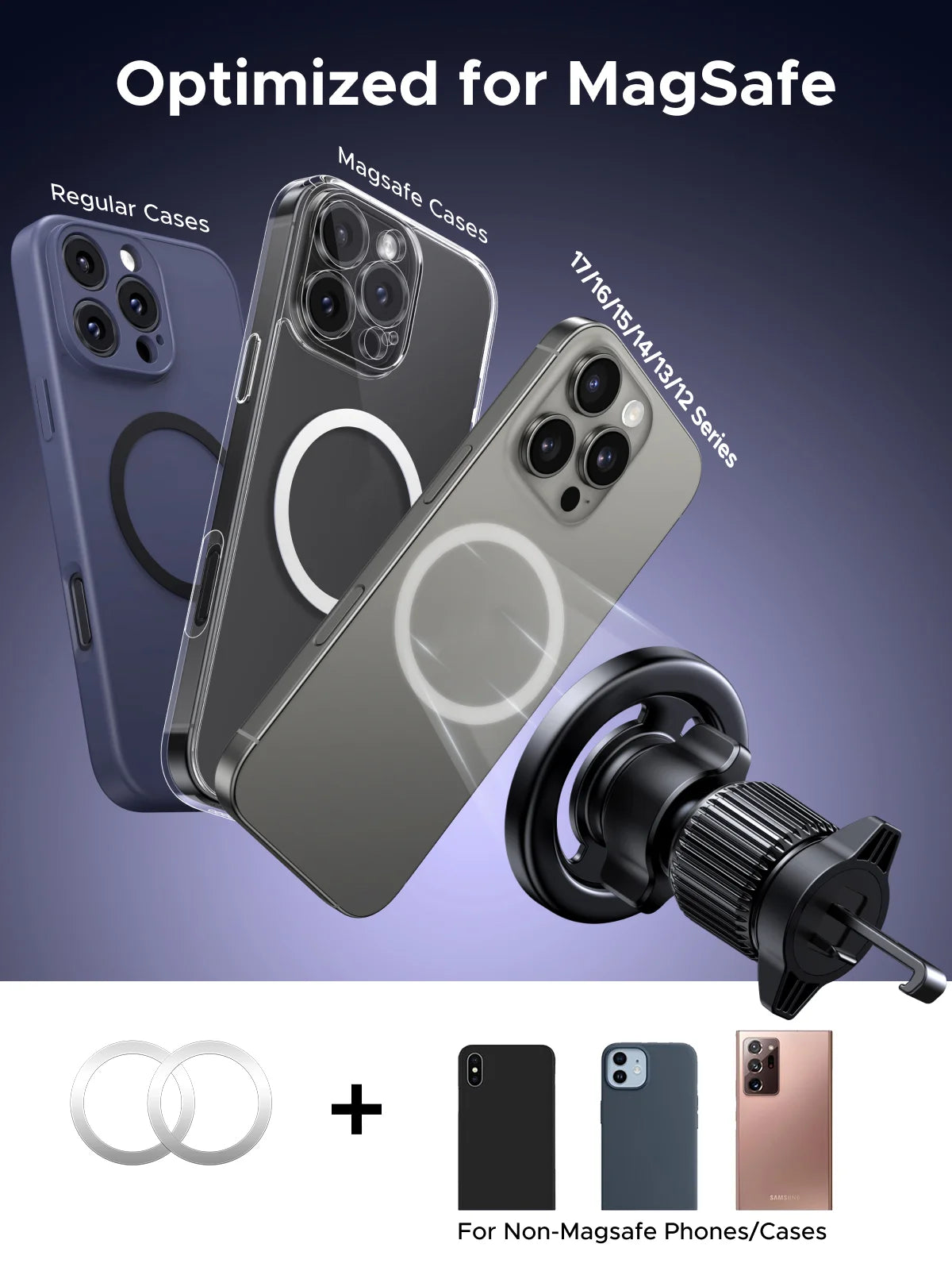 A magnetic car phone holder optimized for MagSafe devices, shown alongside various phone cases and a non-MagSafe phone.