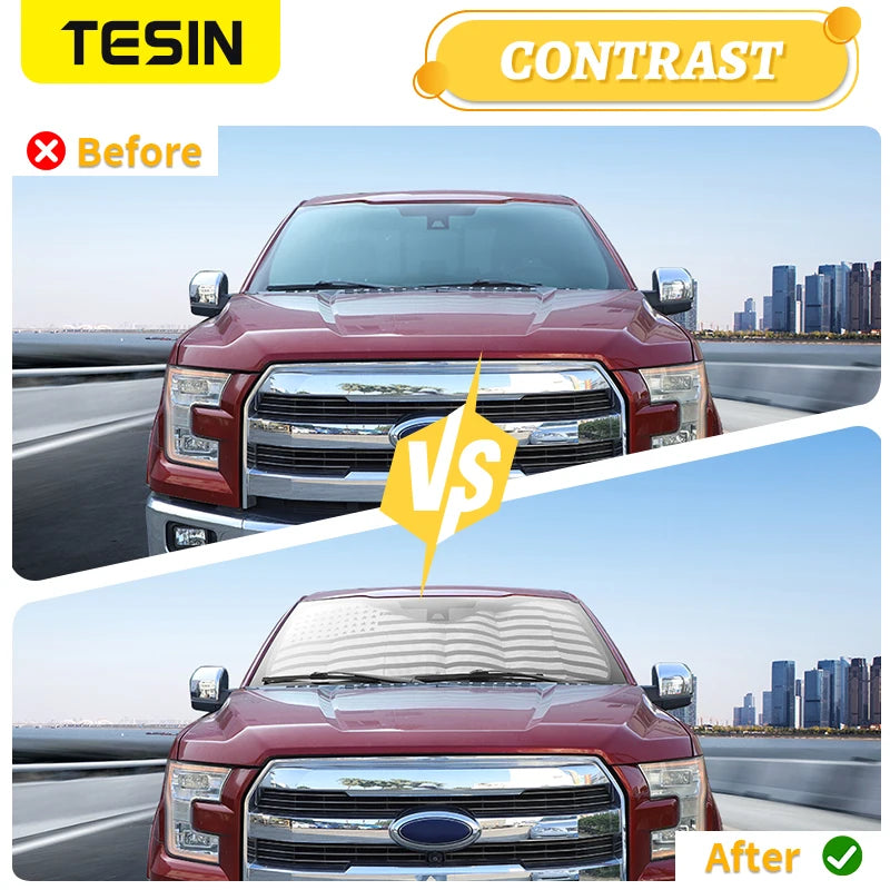 Before and after comparison of an aluminum foil windshield sunshade for a Ford F-150 truck.