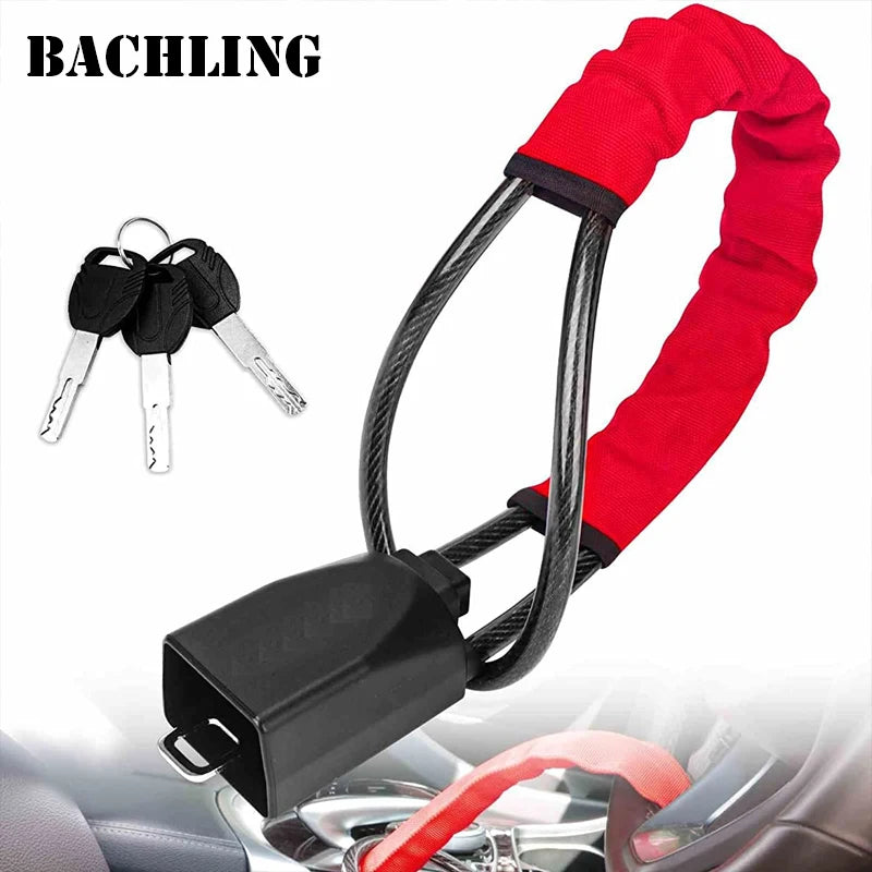 A red anti-theft lock featuring a black connector and a loop for a universal car steering wheel and seatbelt.