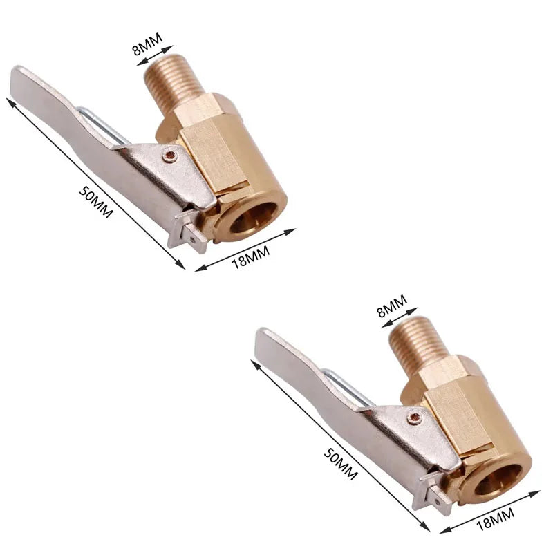 A portable inflatable tire pump tool with brass fittings and measuring markings for automotive valves.
