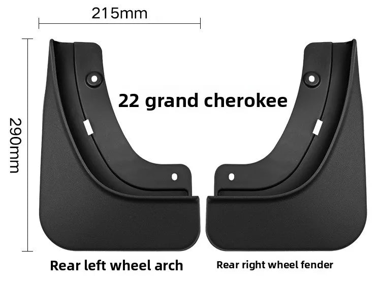 Black mud flaps for a Jeep Grand Cherokee, showing the rear left wheel arch and rear right wheel fender.