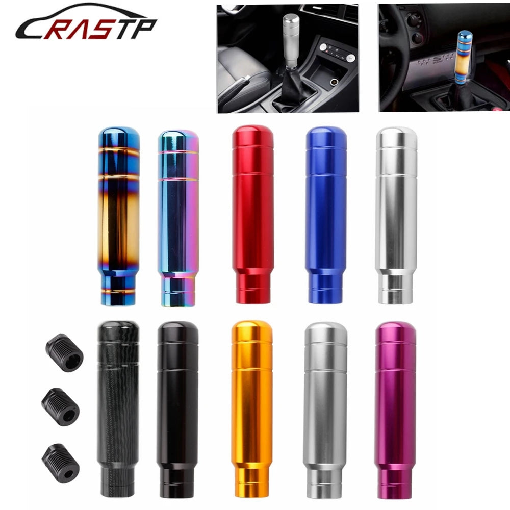 A collection of JDM style aluminum gear shift knobs in various colors including black, silver, blue, red, and purple.