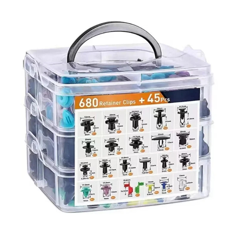 Caja de plástico transparente con 680 clips para retenedores y 45 piezas de sujetadores