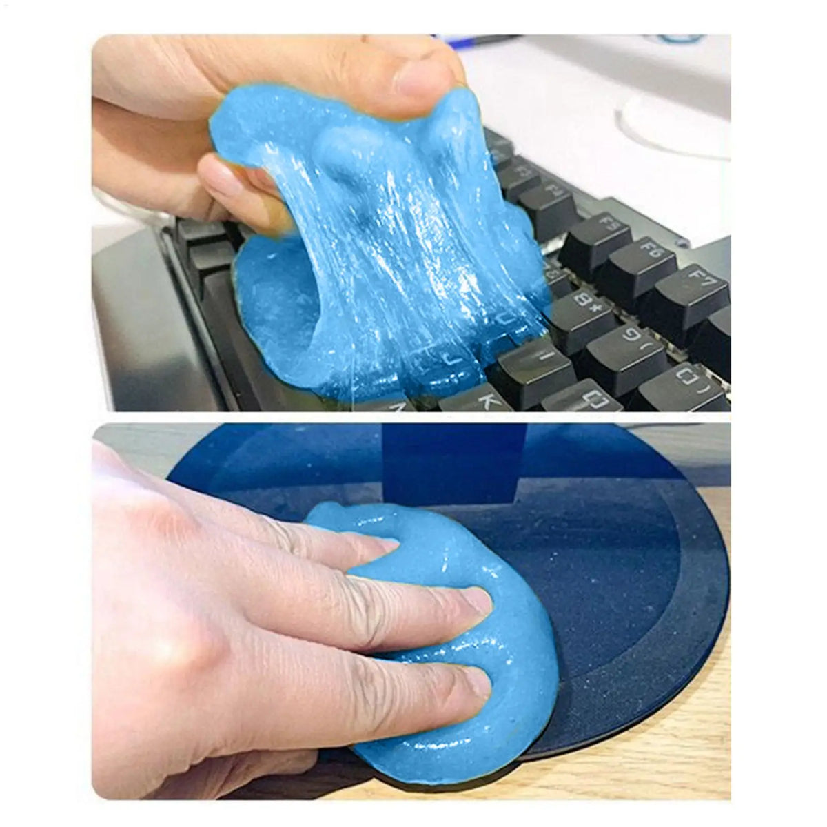 A hand applies a blue reusable car cleaning gel to a dashboard surface.