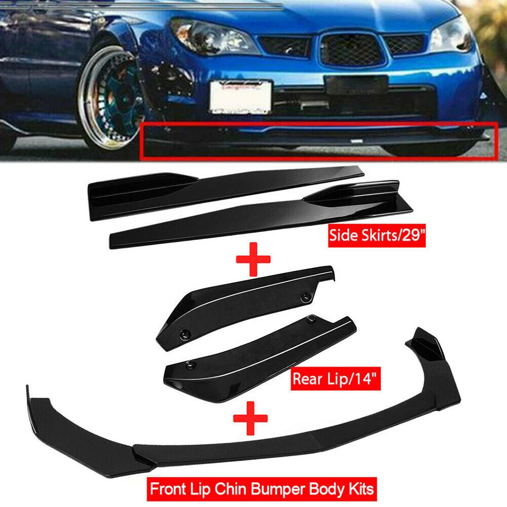 Black front lip chin bumper body kits with winglets and side skirt extensions for a car