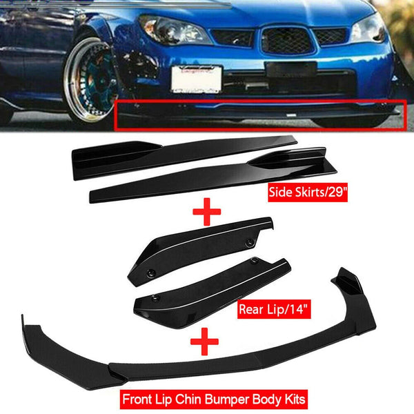 Black front lip chin bumper body kits with winglets and side skirt extensions for a car