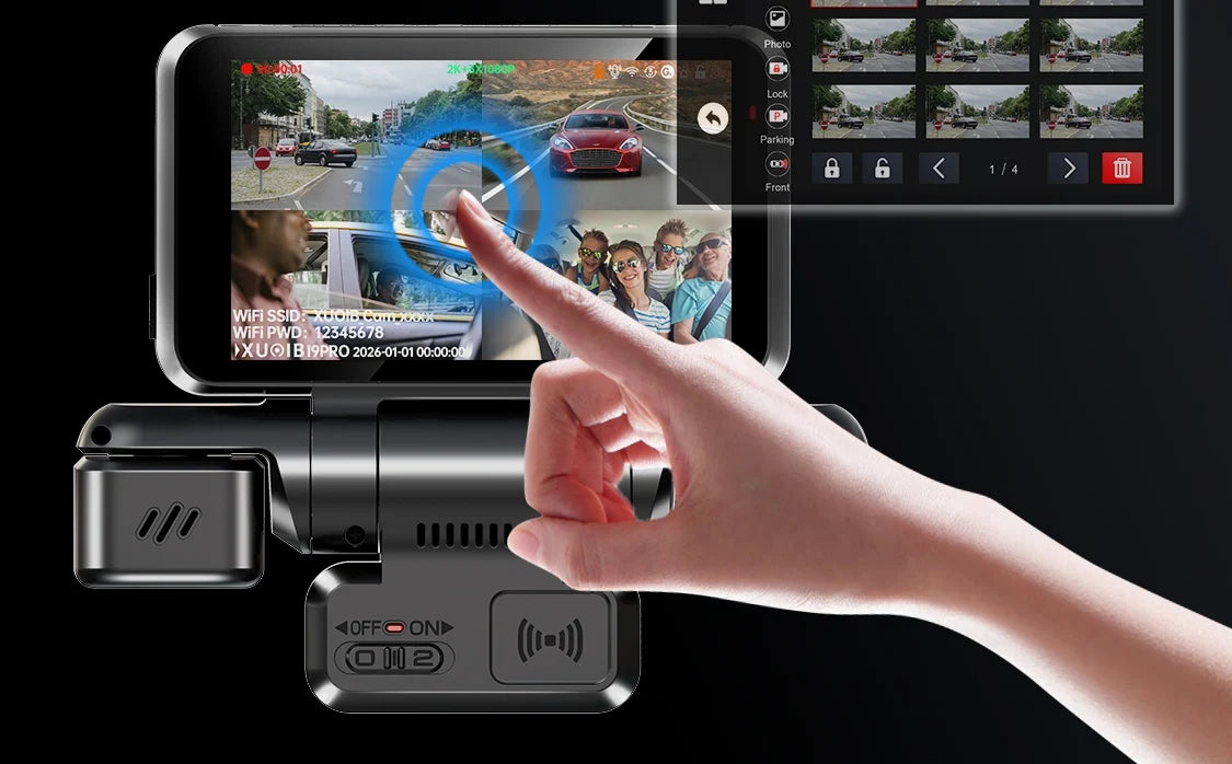 A hand is operating a dash cam device, showing a view of a road and a vehicle with radar detection overlay.