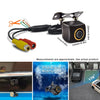 A black IP68-rated backup camera with a cable and mounting hardware for vehicles.