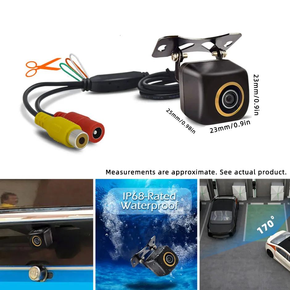 A black IP68-rated backup camera with a cable and mounting hardware for vehicles.