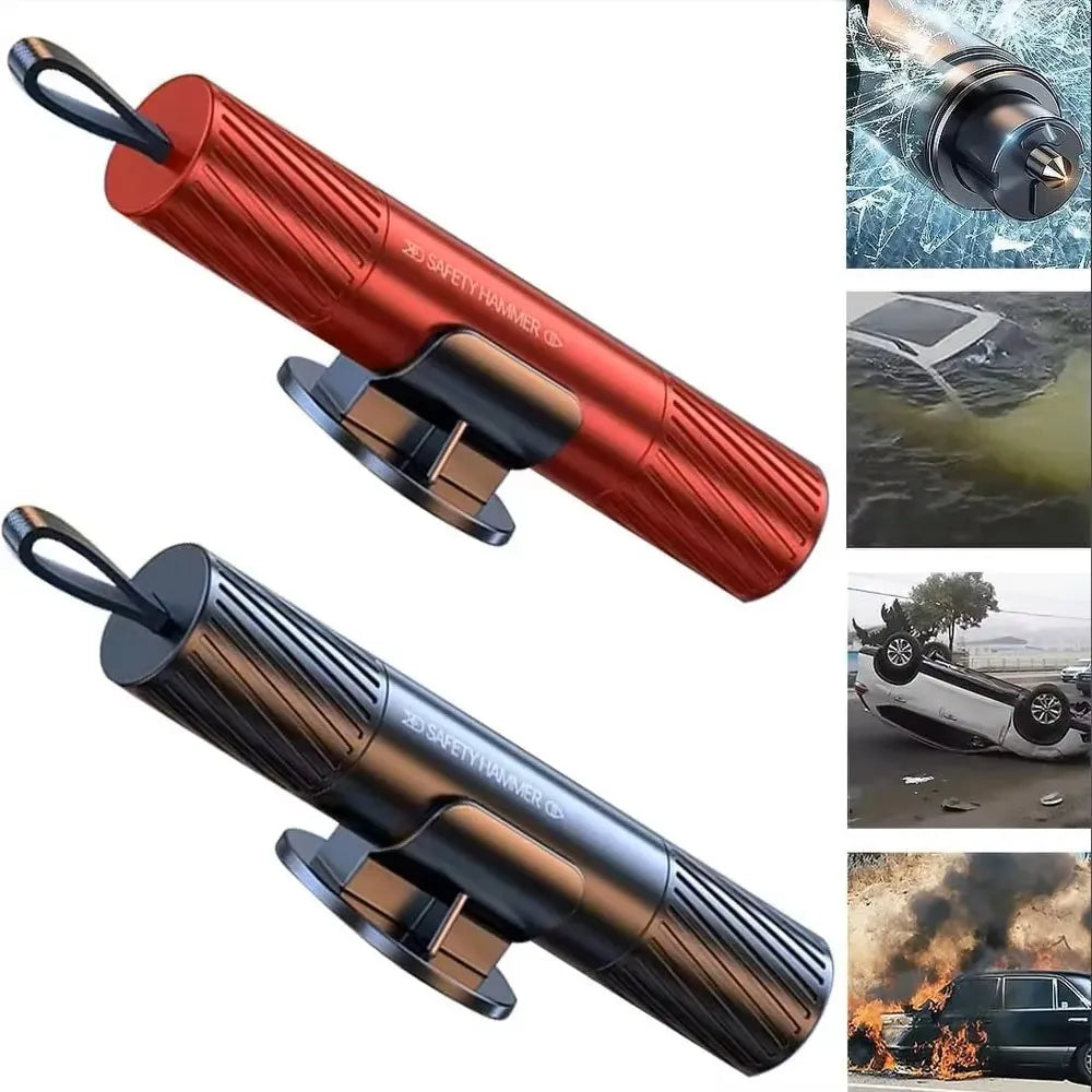 Two versions of a car safety emergency glass window breaker tool, one red and one black, shown in close-up.
