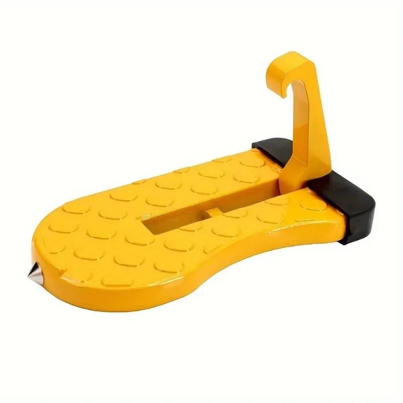 Yellow foldable car door step pedal and roof access hook.