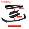 Black automotive body kits including pointed style lips, chin bumpers, and side skirts for universal fit