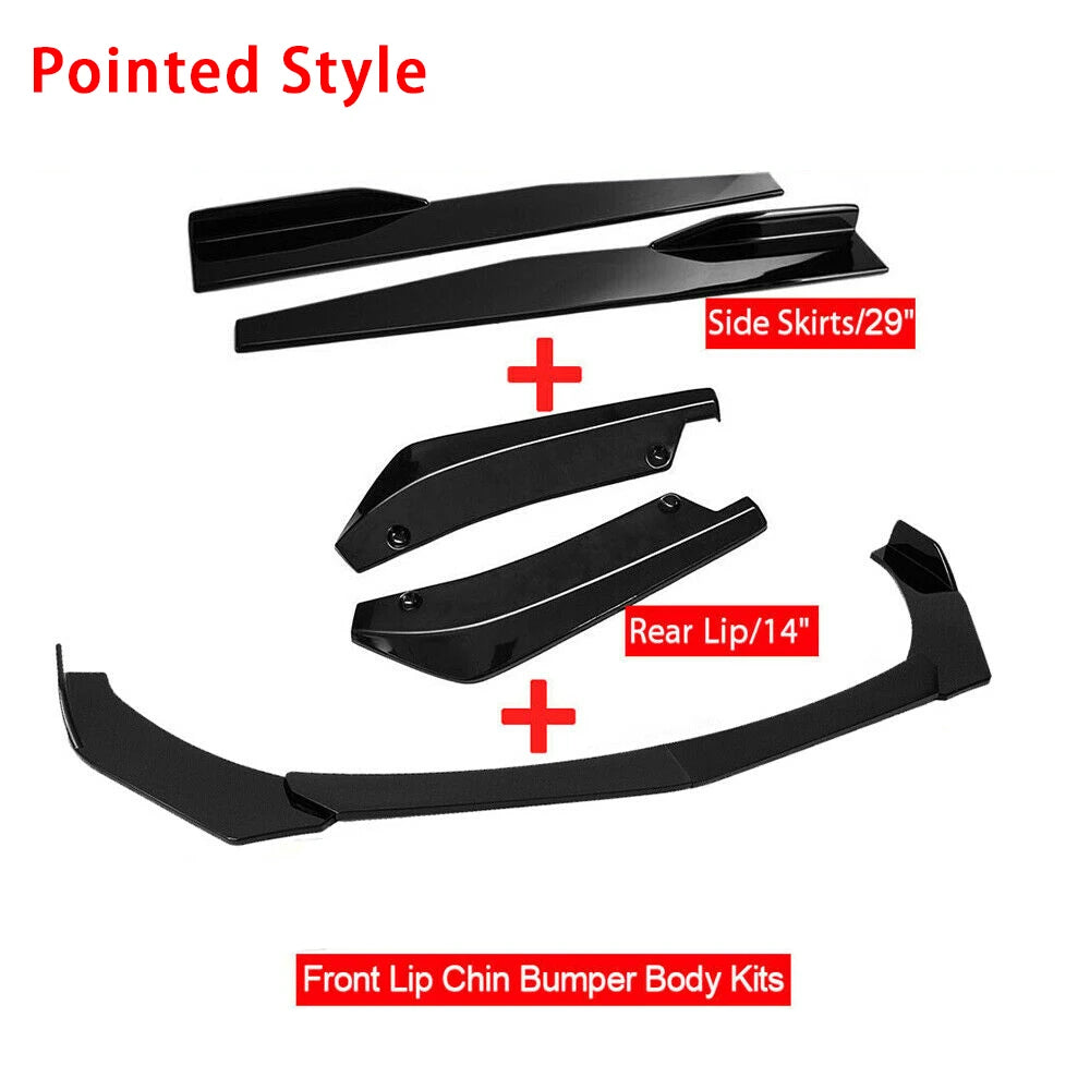 Black automotive body kits including pointed style lips, chin bumpers, and side skirts for universal fit