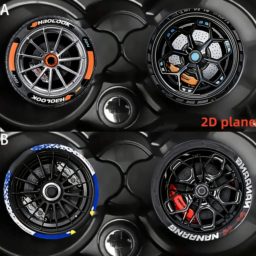 Two views of 2D car-shaped silicone coasters featuring a racing wheel hub design in black and orange.
