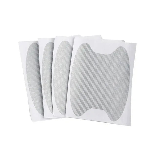 Un juego de cinco películas protectoras transparentes para pomos de puertas de coche, mostrando diversas texturas y patrones.