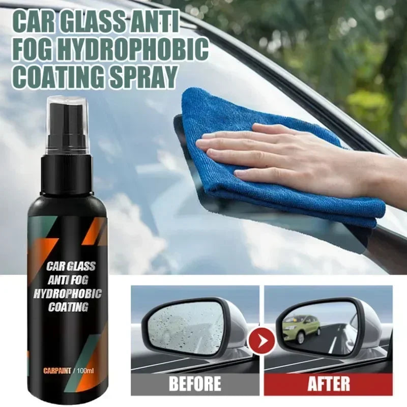 A bottle of car glass anti fog hydrophobic coating spray next to a blue microfiber cloth being used on a car window.