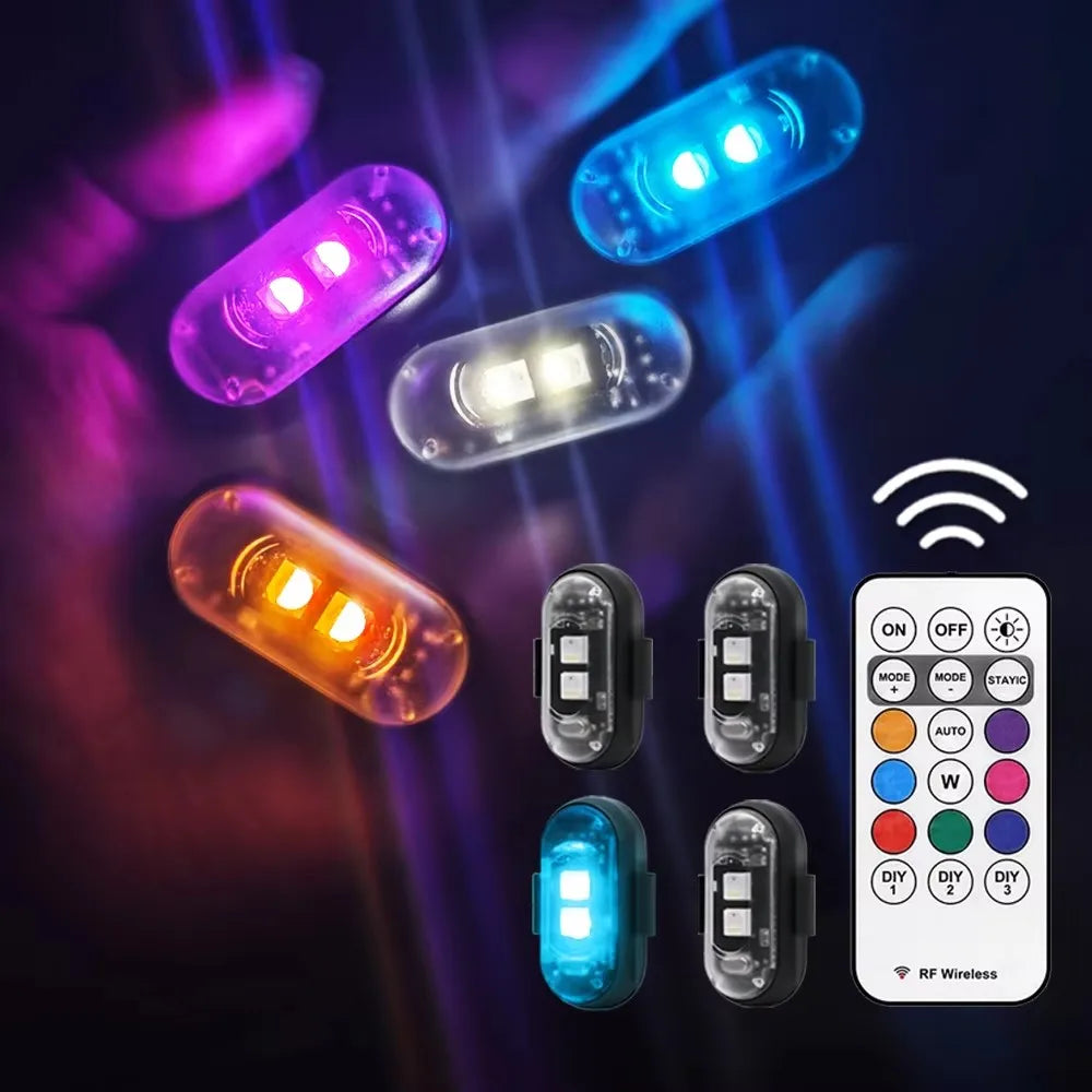 مجموعة من أضواء LED محمولة لقدم السيارة، بألوان مختلفة وأبيض، معروضة على خلفية داكنة