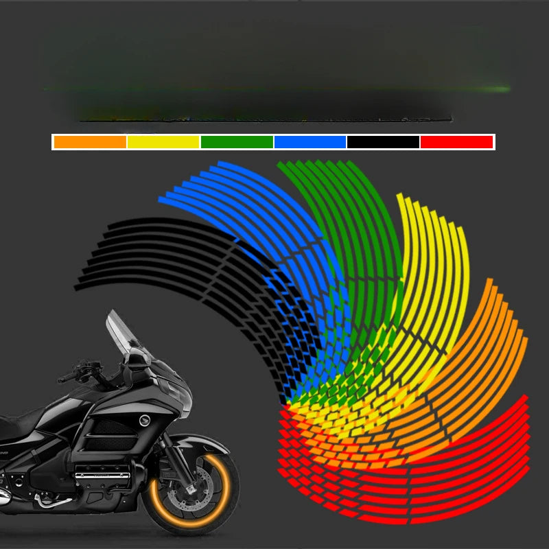 Reflective wheel rim strips installed on a black motorcycle, showing various colors.