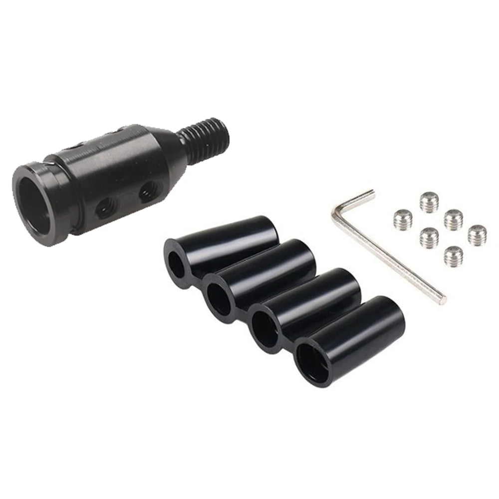 Black universal gear shift knob adapter for manual transmission with threaded end and mounting pins