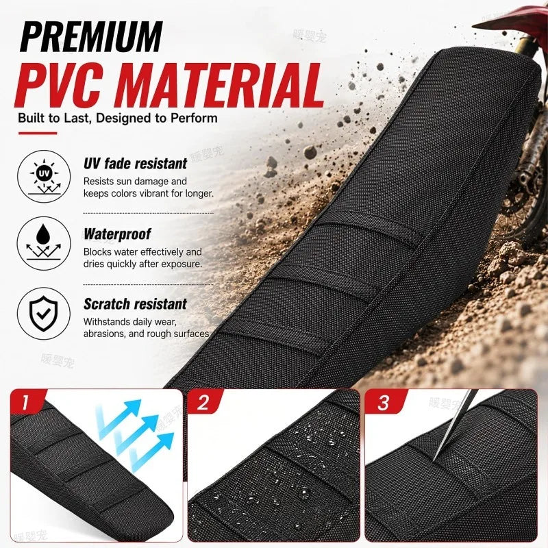 Close-up view of a black PVC material seat cover for an e-bike, showing its texture and durability features.