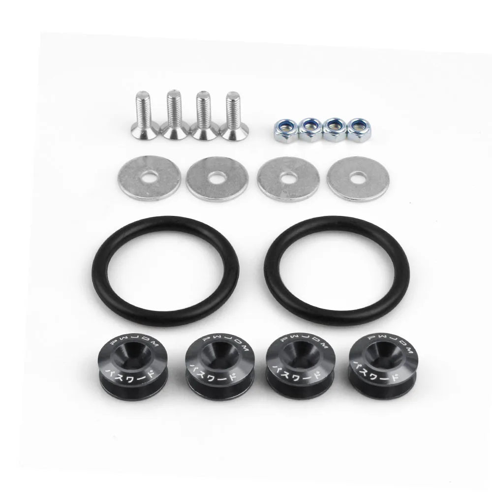 Set of aluminum quick release fasteners for bumpers, trunk, and hatch lids