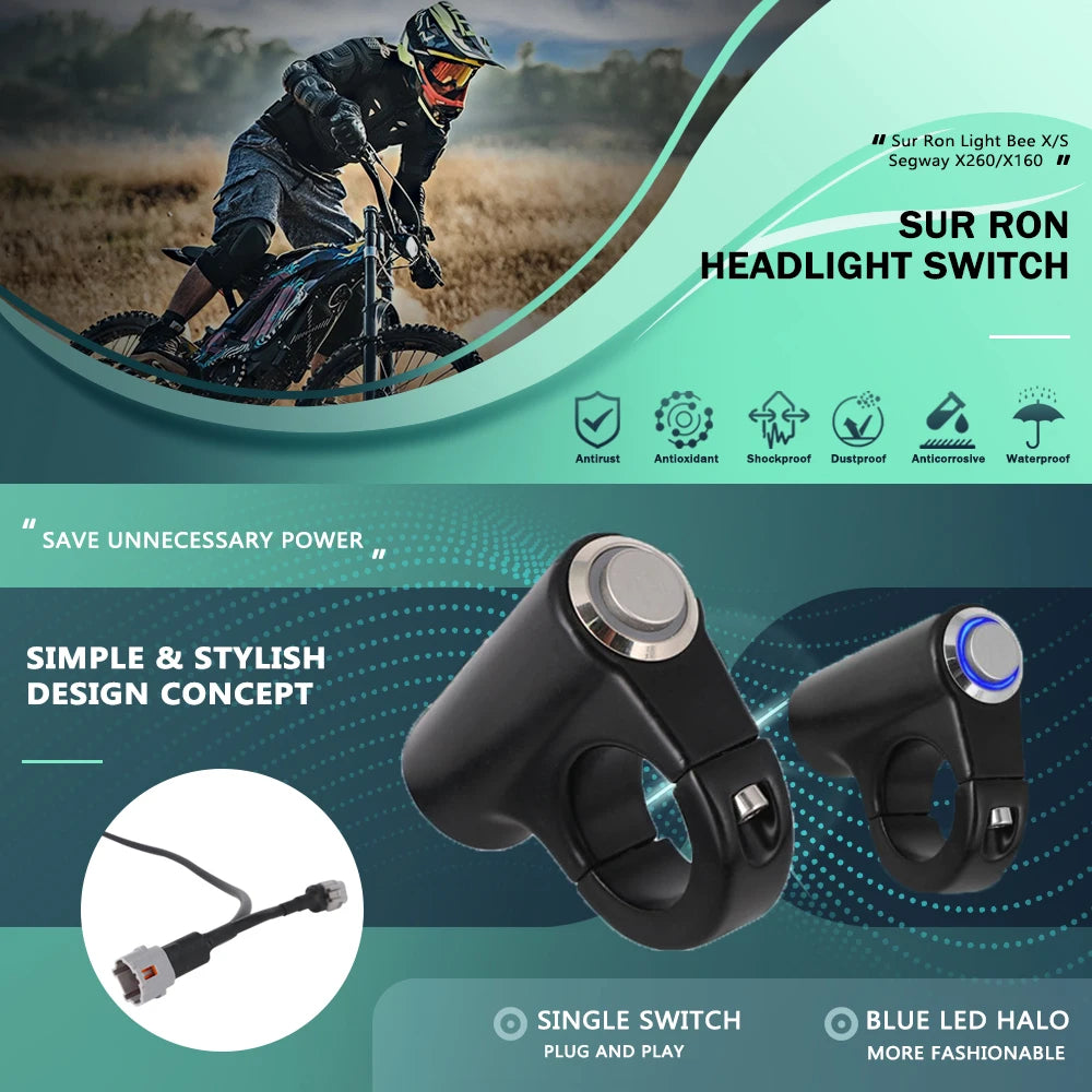 A black CNC aluminum headlight switch for Sur-Ron and Segway vehicles, featuring a simple plug and play design.