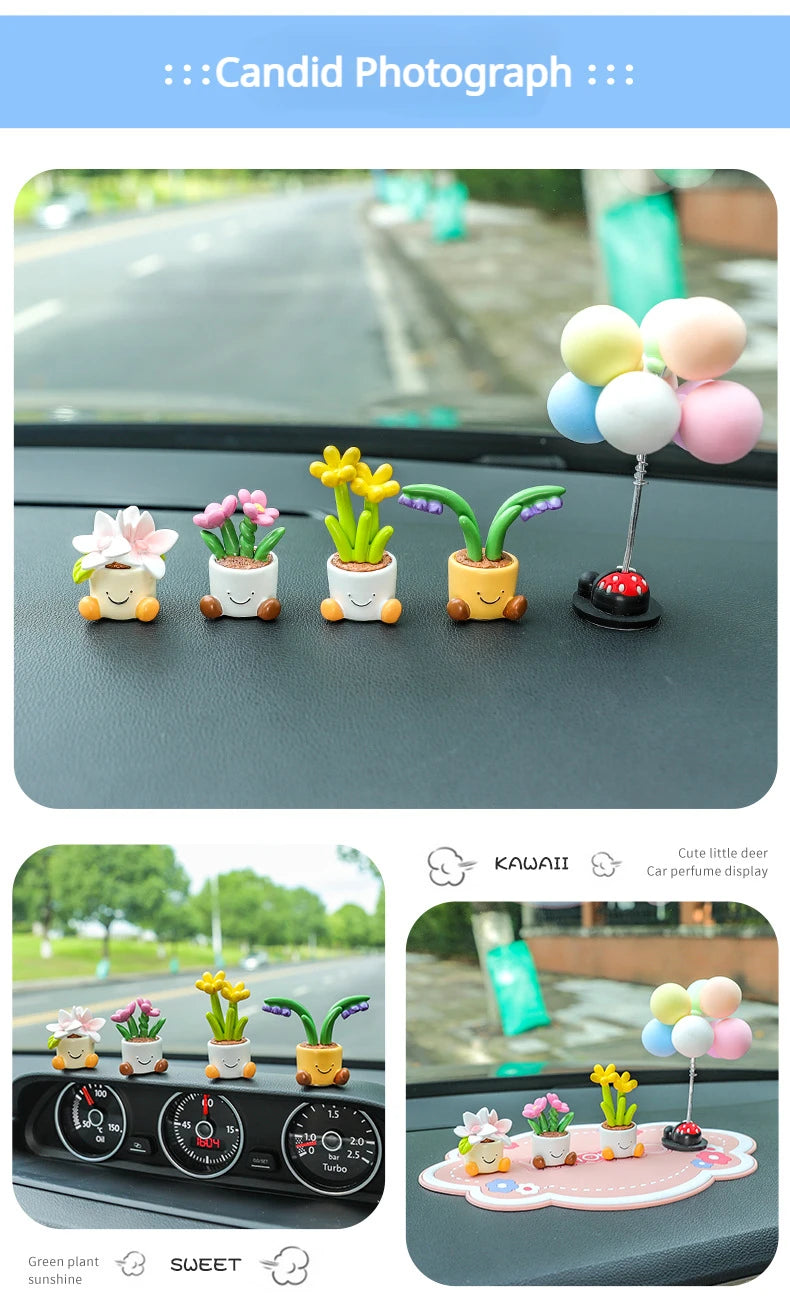 Set süßer Hirsch-Harz-Blumen-Töpfe mit Pflanzen zur Dekoration einer Auto-Parfüm-Auslage.
