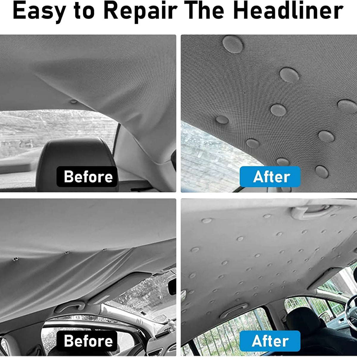 Before and after comparison showing the easy repair of a car headliner using fasteners.