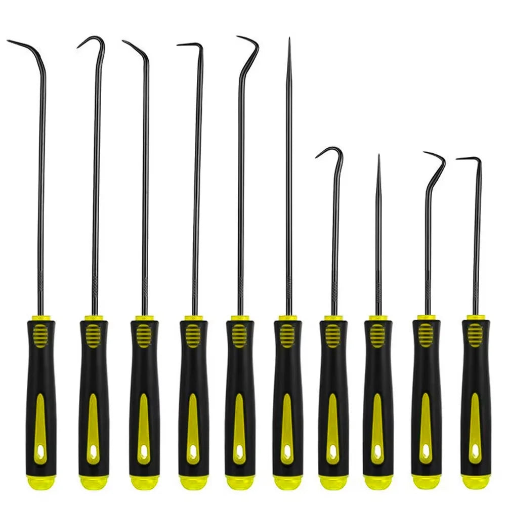 A set of precision oil seal and O-ring removal hooks in black and yellow.