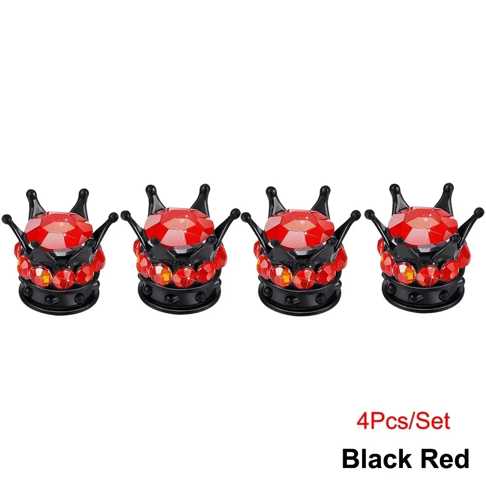 Set of four black and red diamond rhinestone tire valve caps