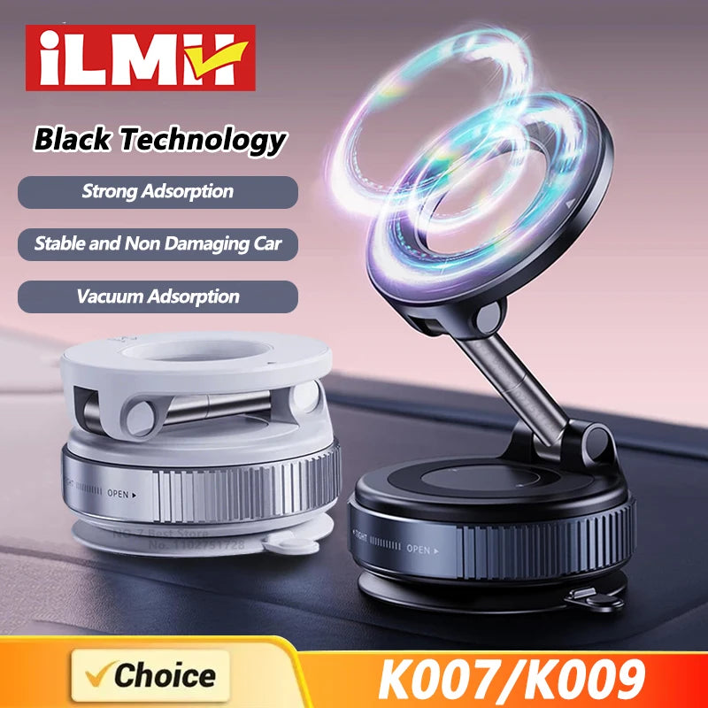 A black vacuum suction cup phone holder with a magnetic ring is shown on a dark surface.