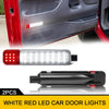 Two white and red LED car door lights shown installed in a vehicle interior panel.