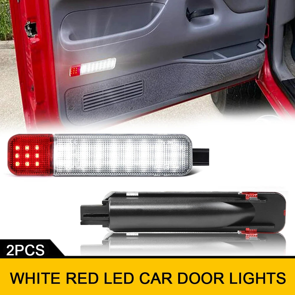 Two white and red LED car door lights shown installed in a vehicle interior panel.