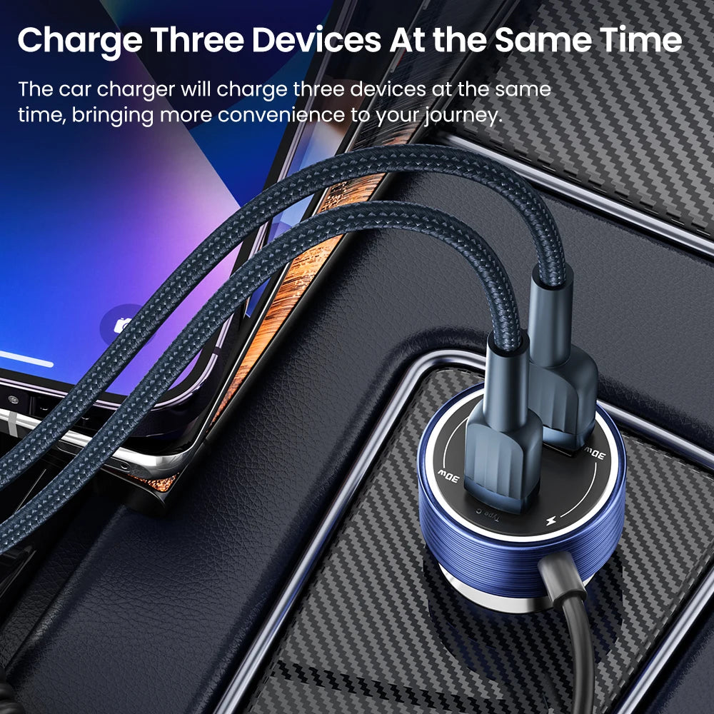 A blue car charger with three cables is shown plugged into a smartphone and connected to other devices.