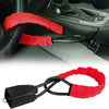 Red anti-theft lock for steering wheel and seat belt, featuring a black connector.
