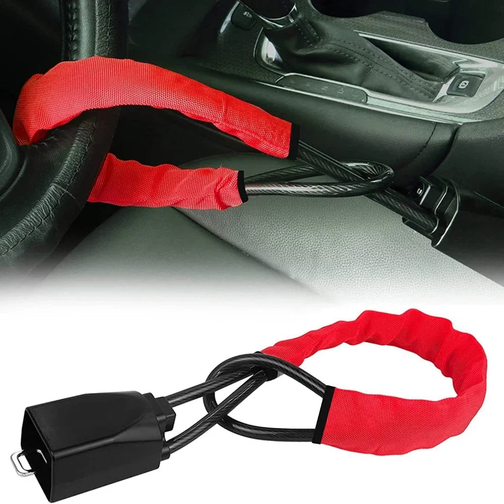 Red anti-theft lock for steering wheel and seat belt, featuring a black connector.