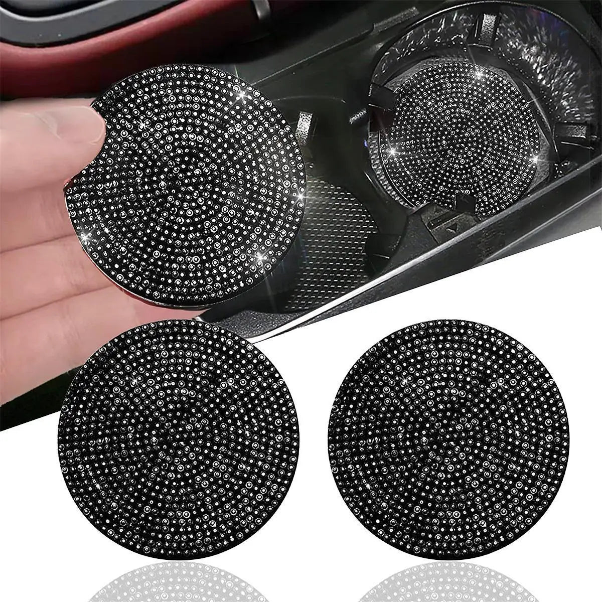 Two round black imitation diamond car cup coasters are shown, one being held by a hand.