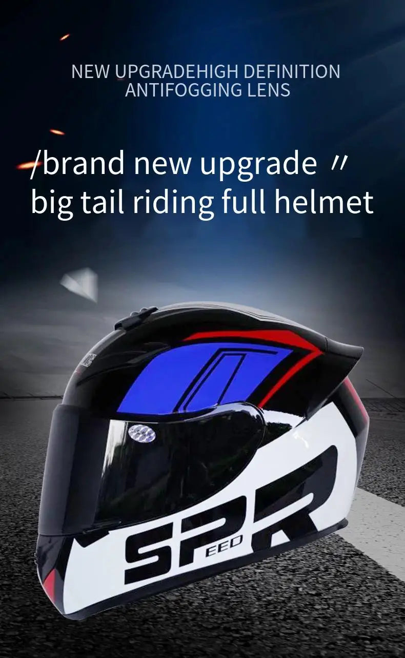 A black and white racing-style motorcycle helmet with blue accents is shown against a dark background.