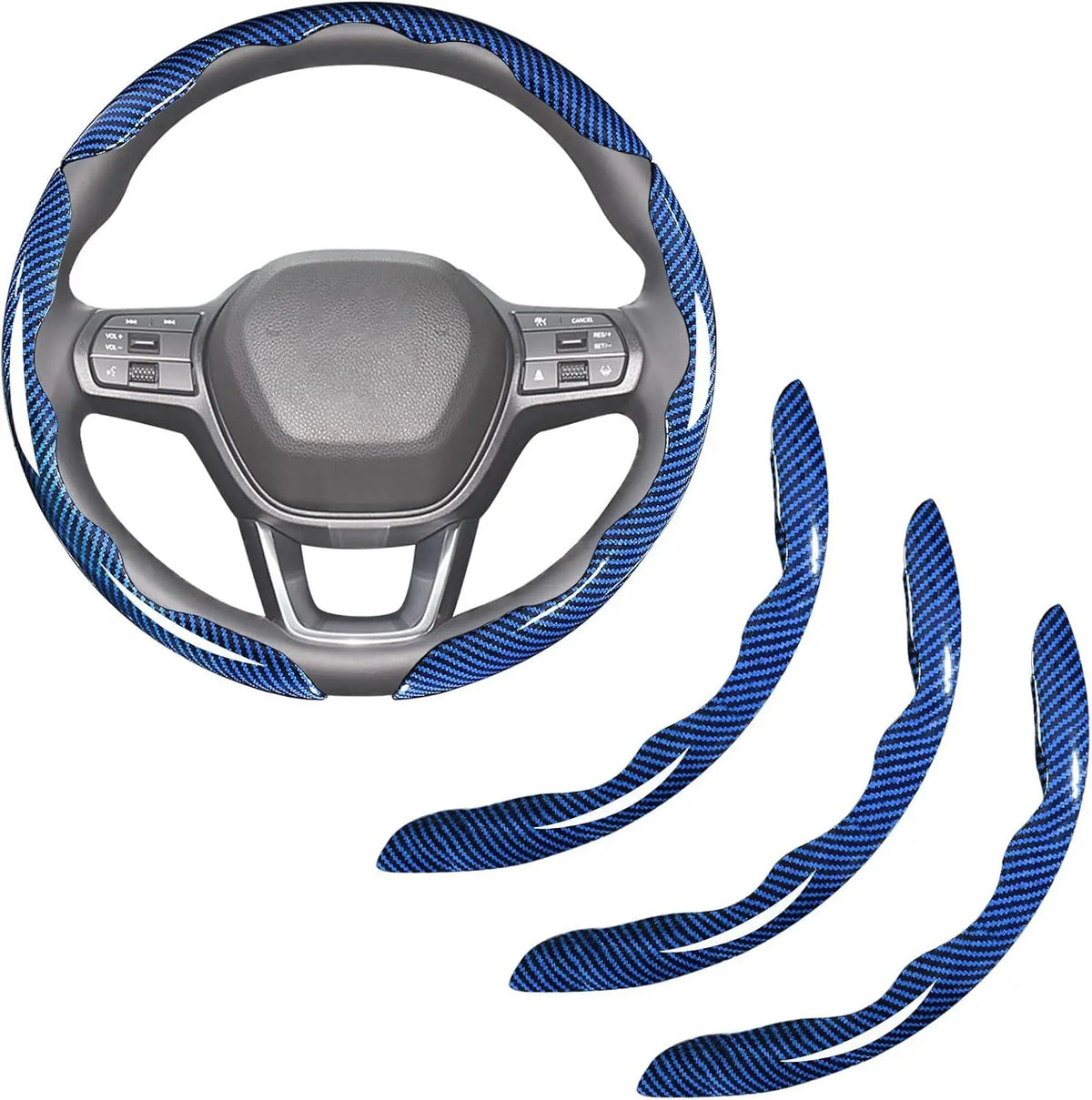 A carbon fiber steering wheel cover with blue and black patterned grips.