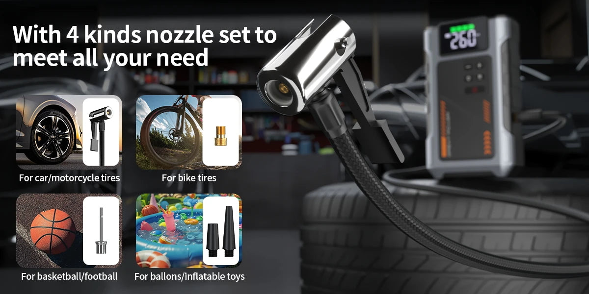 A portable jump starter and tire inflator with a nozzle set for various needs like tires, balls, and toys.