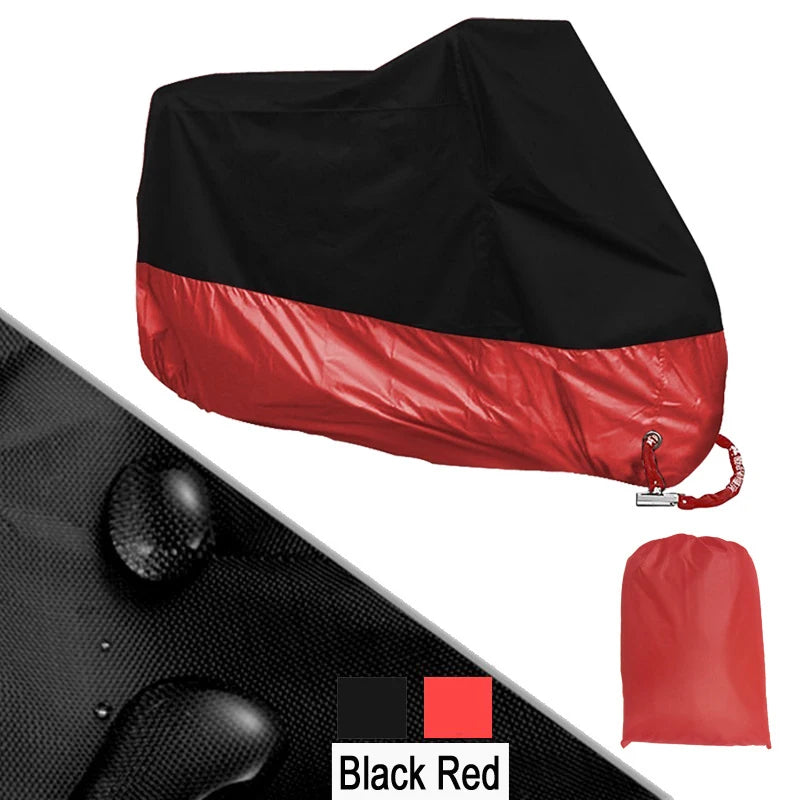 Black and red all-season motorcycle cover with UV protection shown in a folded state